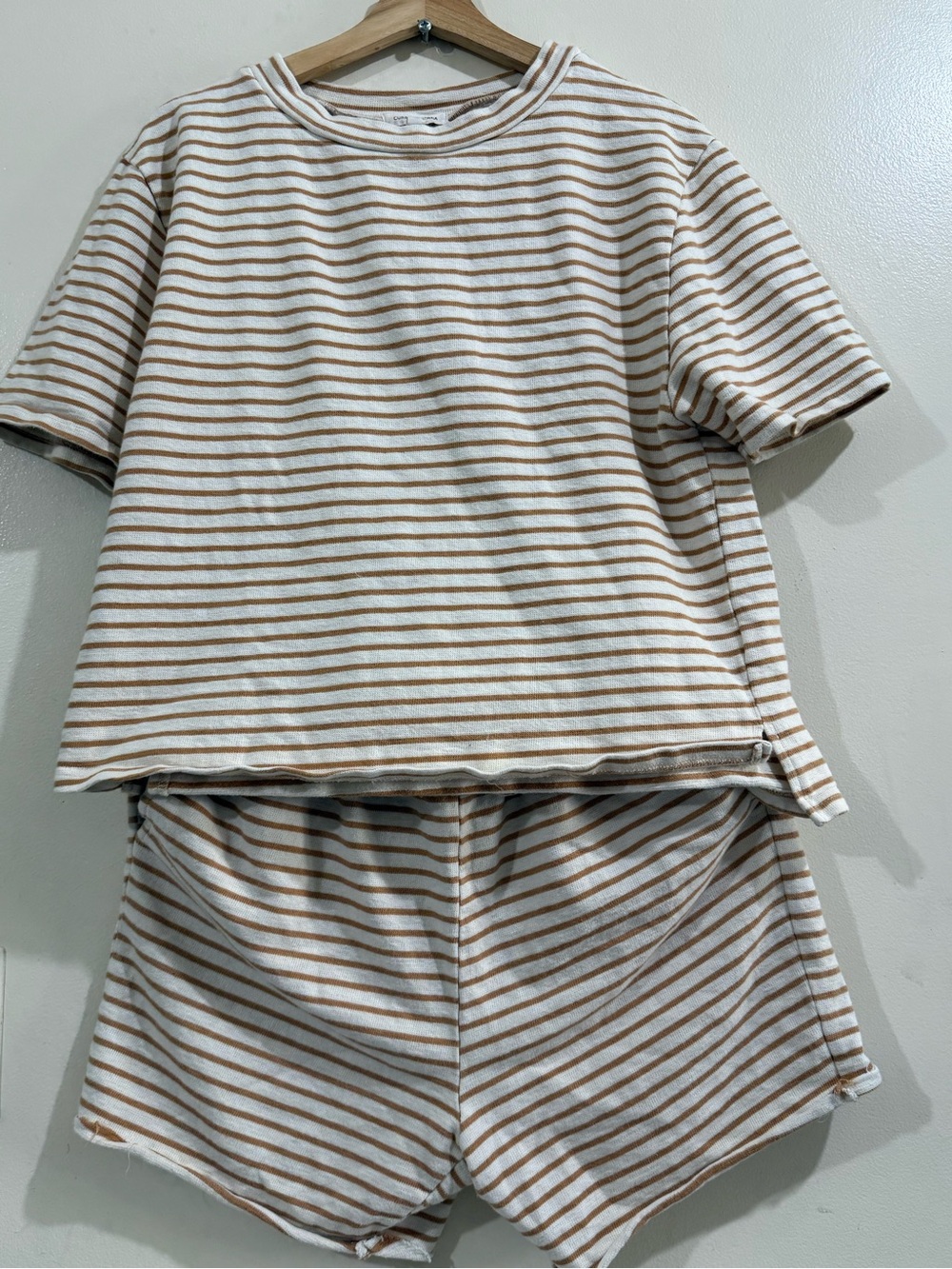 Striped Short Sleeve Top and Shorts Set - Cream and Tan